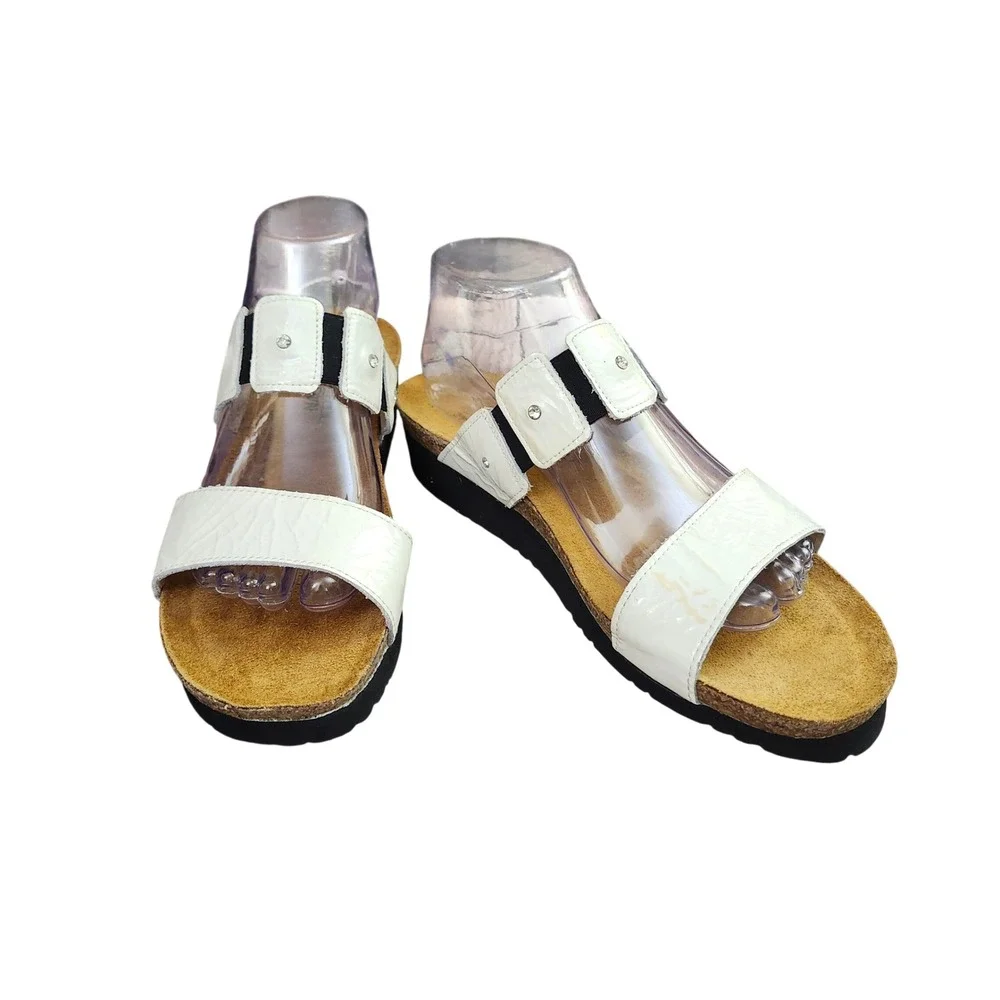 Naot White Leather Rhinestone Wedge Slide Sandals Womens 42 L11 Comfort Summer